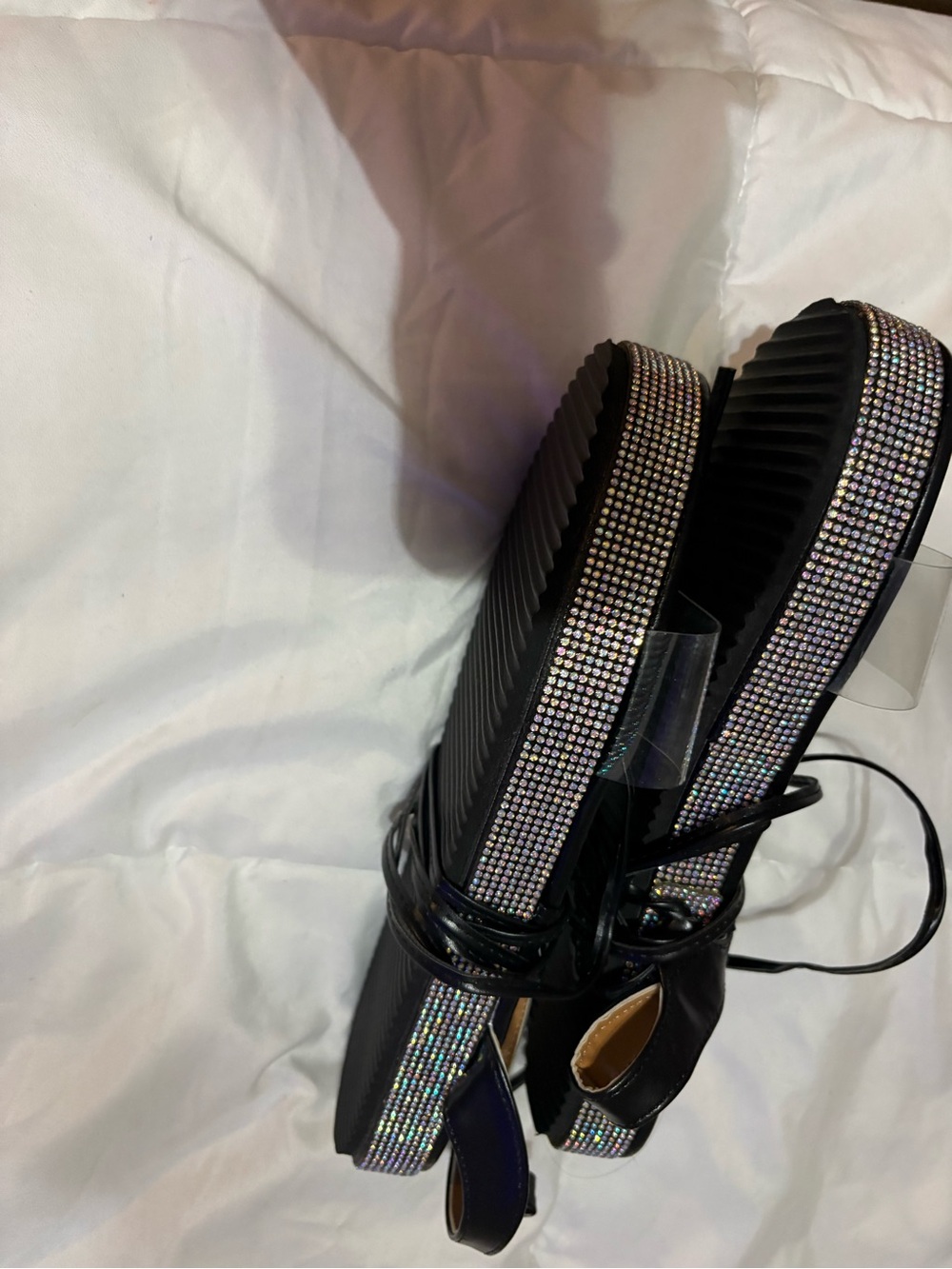 Black Rhinestone Platform Sandals - Women
